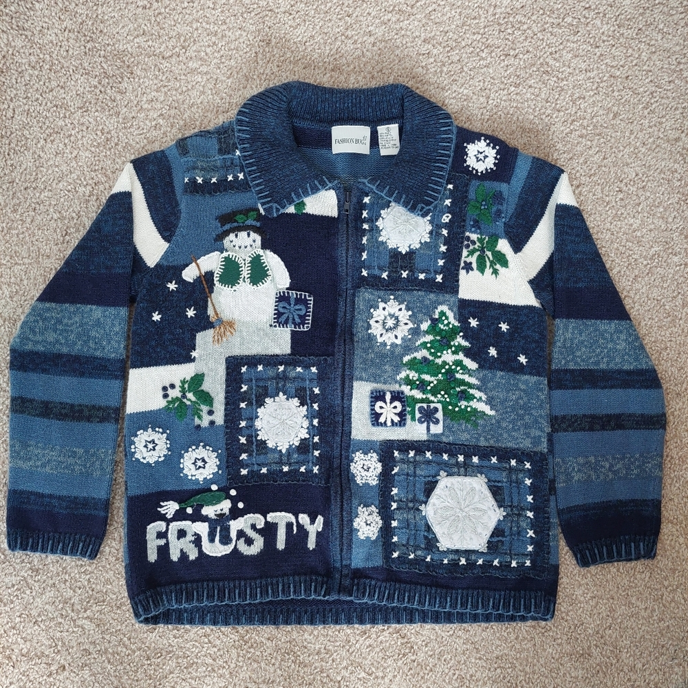 Vintage Fashion Bug Frosty Snowman Christmas Full‎ Zip Sweater Jacket Size Small